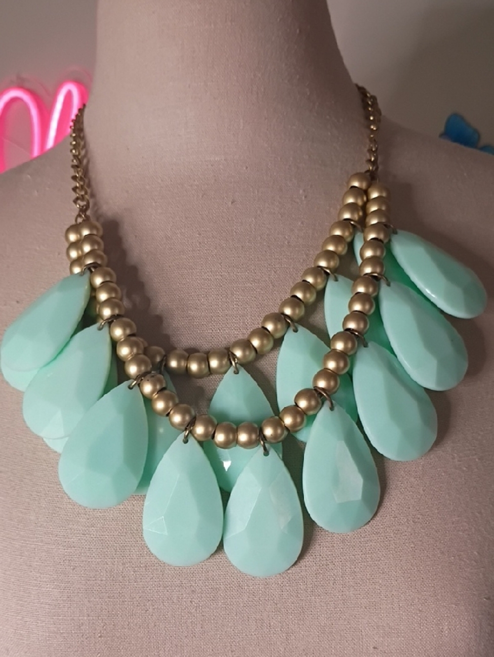 ANTHROPOLOGY Mint Teardrop Statement Necklace - Gold Beaded Accent